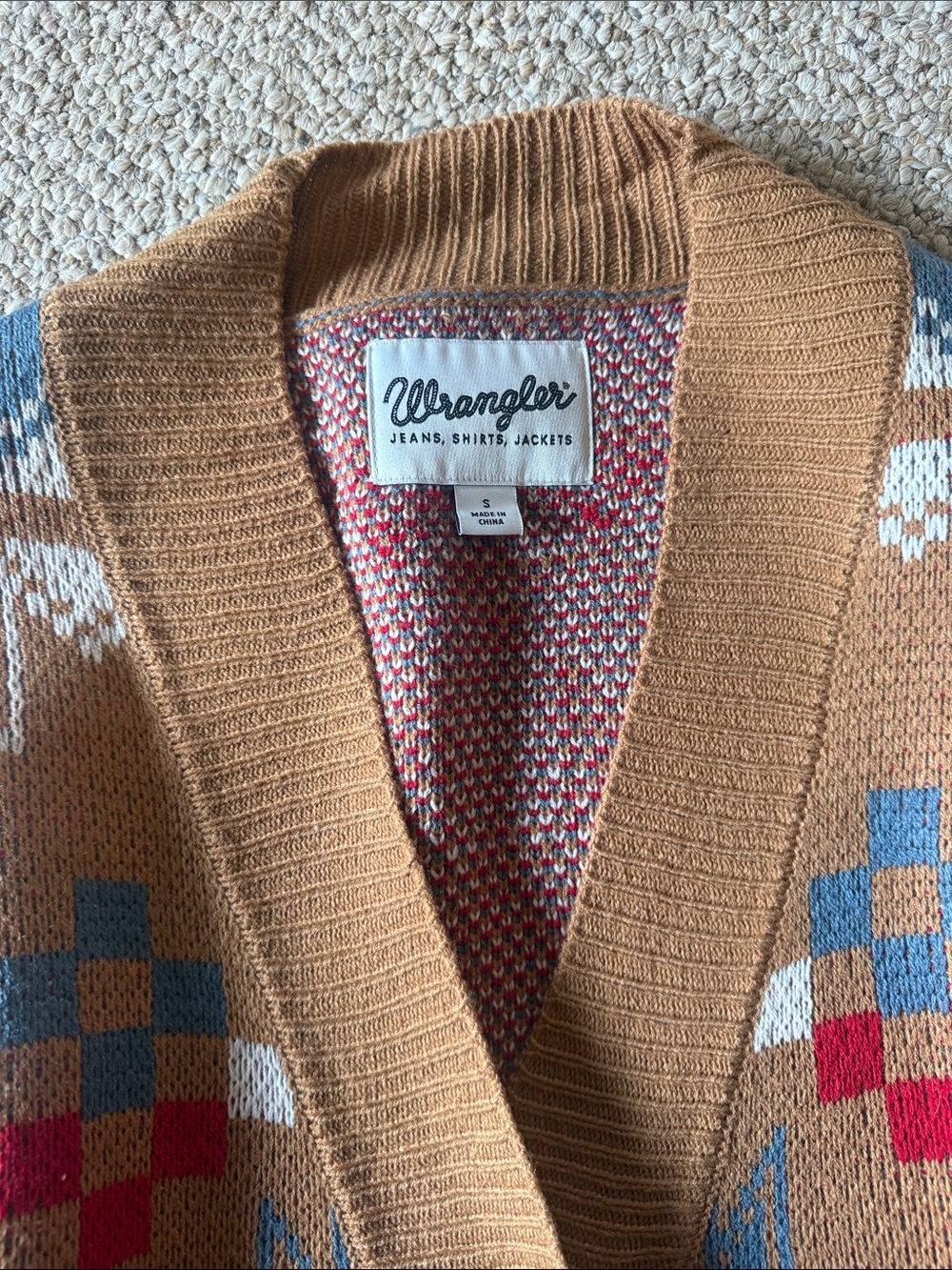 Wrangler Brown Southwestern Pattern Cardigan with Red & Blue Accents - Picture 2 of 4
